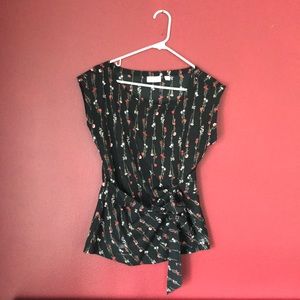 New York & Company Floral Waist Cinch Wrap Top